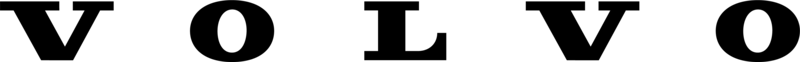 Enkel Volvologga, i svart text står det "VOLVO" i versaler mot en vit bakgrund. 