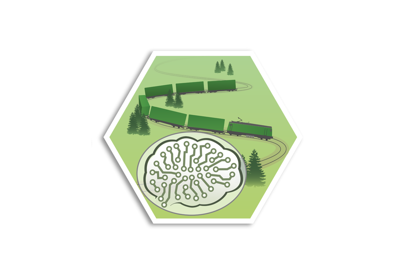 Ikon över projektet där en slingrig tågräls går genom ett grönt landskap som leder till en komplicerad kopplad hjärna. 