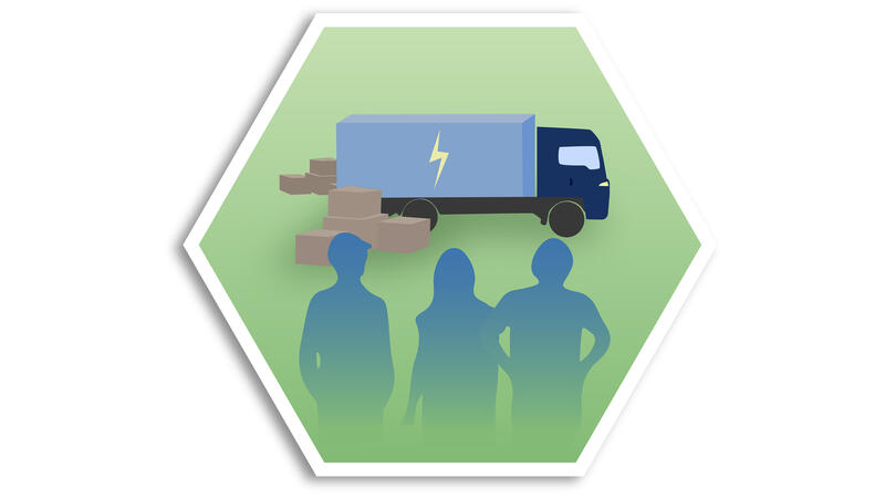 Illustration av människor framför en eldriven lastbil.