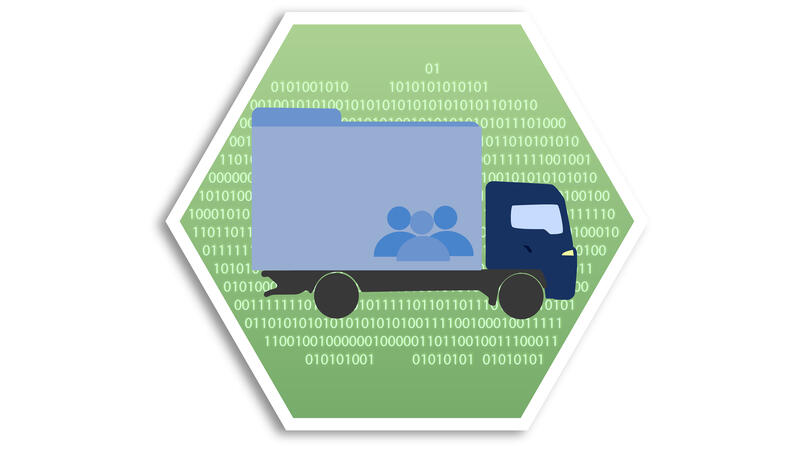 Illustration av en lastbil som kör runt med en mapp och det finns data i bakgrunden.