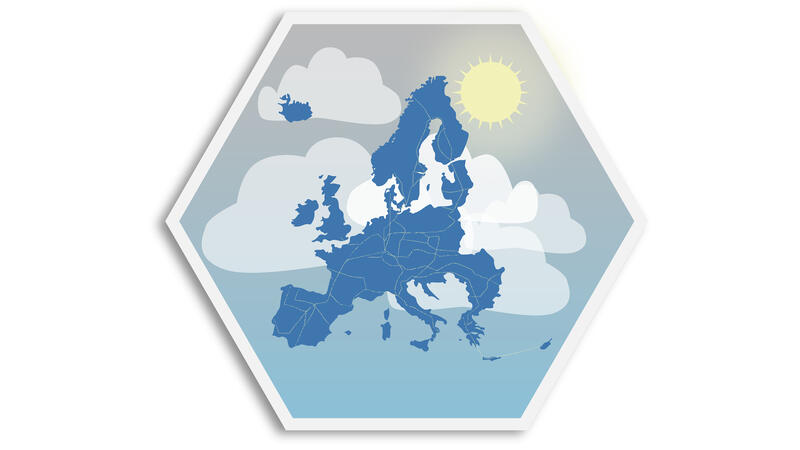 En illustration av flöden i Europa, moln och sol.