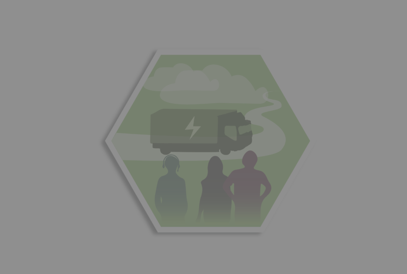illustration föreställande tre gestlater som håller om varandra och tittar frågandes på en elektrisk lastbil. 