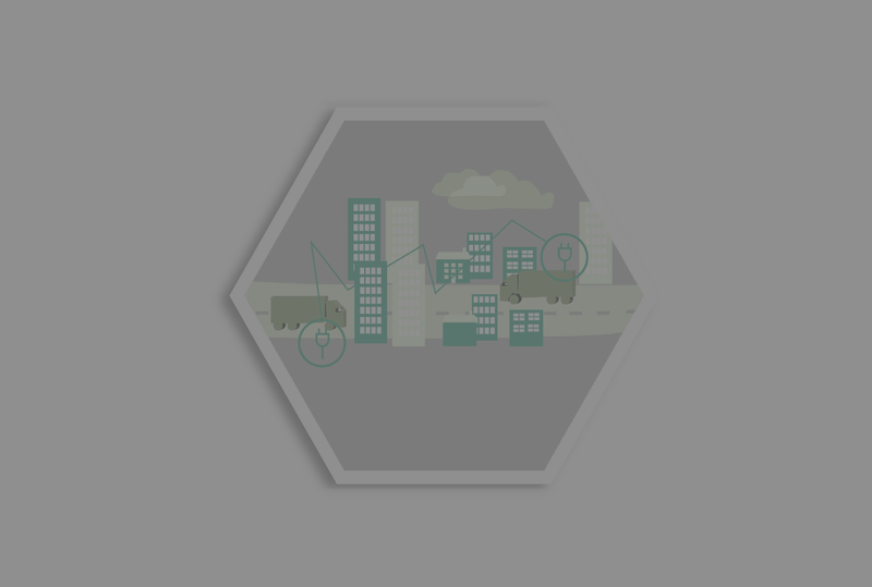 Illustration av projektet, med lastbilar, en stad och laddsymboler.
