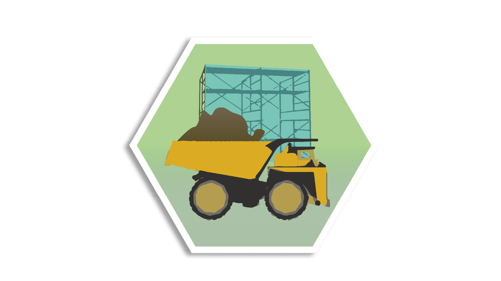 Ikon föreställande en bygglastvagn på ett bygge med jord lastat därbak. 