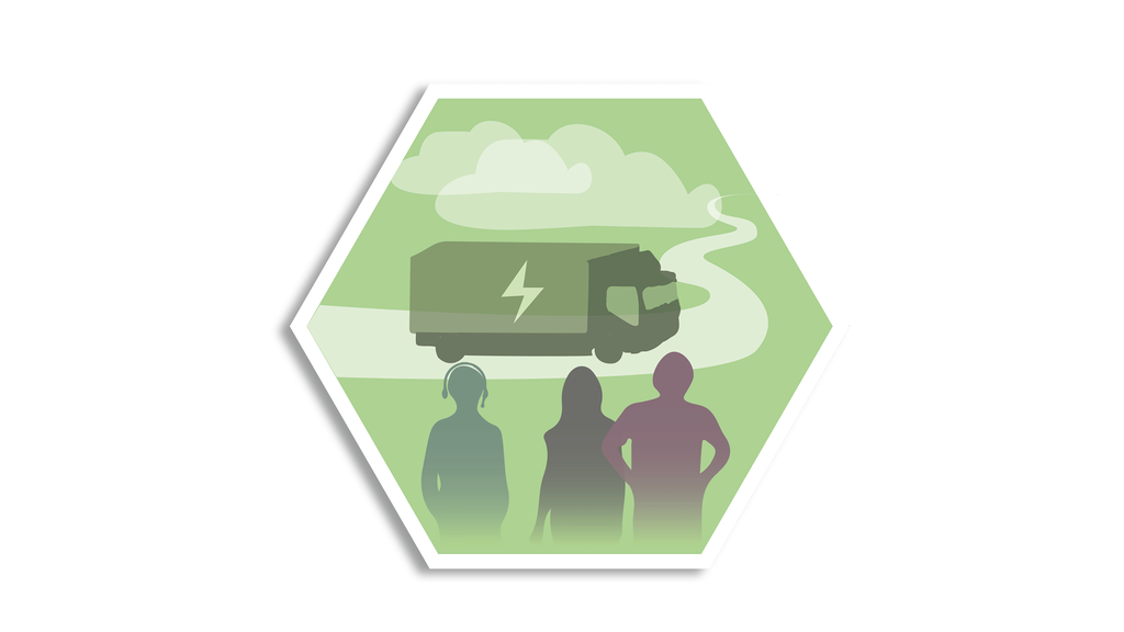 illustration föreställande tre gestlater som håller om varandra och tittar frågandes på en elektrisk lastbil. 