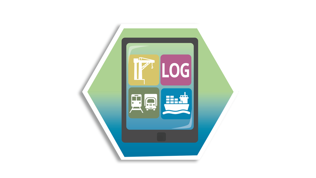 Illustrerad ikon som visar En mobil som visar logistiklustretsdelar, hamn, väg och sjöfart