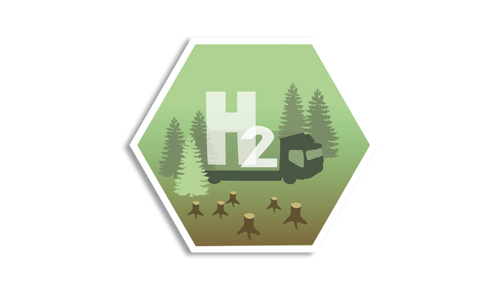 Illustration visar en lastbil i en skog, H2 står även tryckt över hela ikonen liknandes en vattenstämpel 
