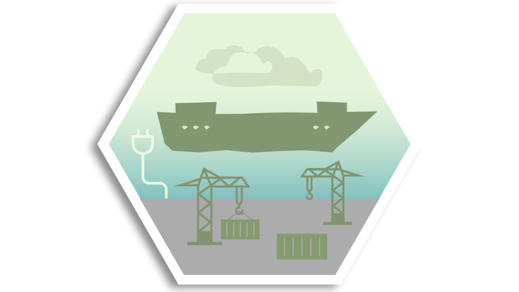 Illustration som beskriver projektet, med ett skep, en hamn och en laddkabel.